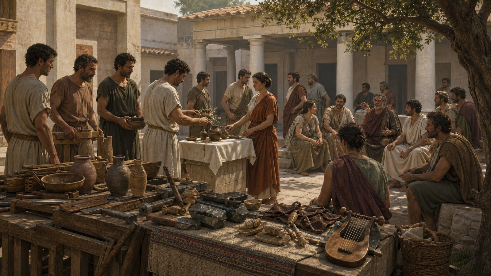 A wide early Roman workshop-street assembly showing several distinct craft groups meeting side by side: potters with undecorated vessels, carpenters with simple hand tools, dyers with muted cloth, bronze workers at a small charcoal hearth and musicians with period instruments, mixed adult citizens listening and exchanging materials, cinematic realistic oil-painting, horizontal 16:9, no text, pseudo-text, guild signs, modern machinery, watermark, or anachronistic tools.