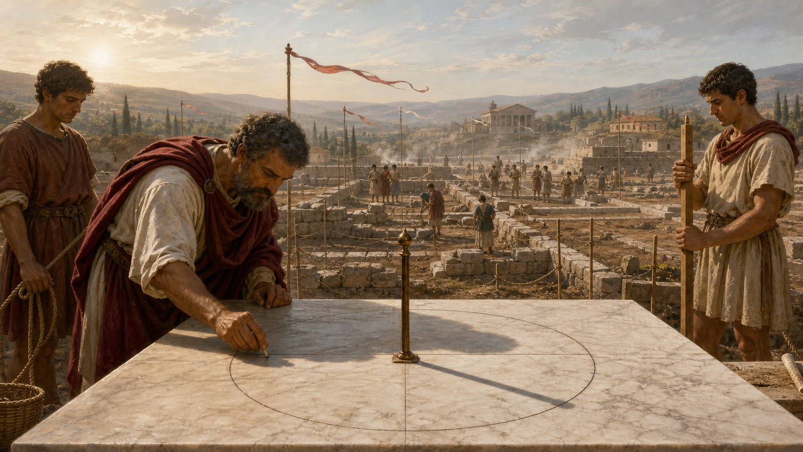At the centre of an unbuilt Roman town, a surveyor watches a bronze gnomon cast its morning shadow across a level marble circle while assistants mark the first point for the city’s wind geometry.