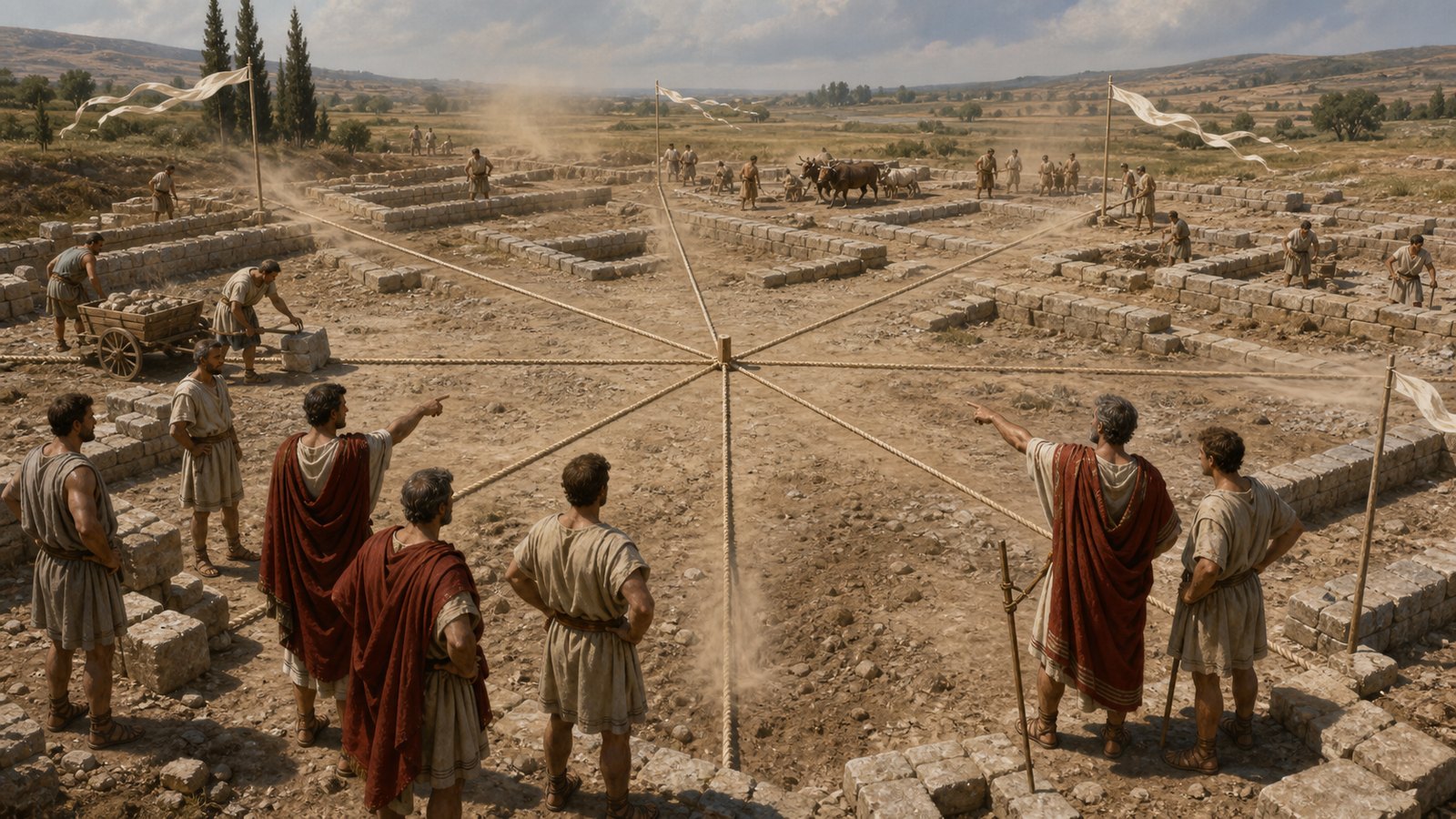 On a broad planning surface, eight wind axes radiate toward the horizon as builders rotate the proposed street lines into the quieter sectors between them, with masonry and colonnades waiting beyond.