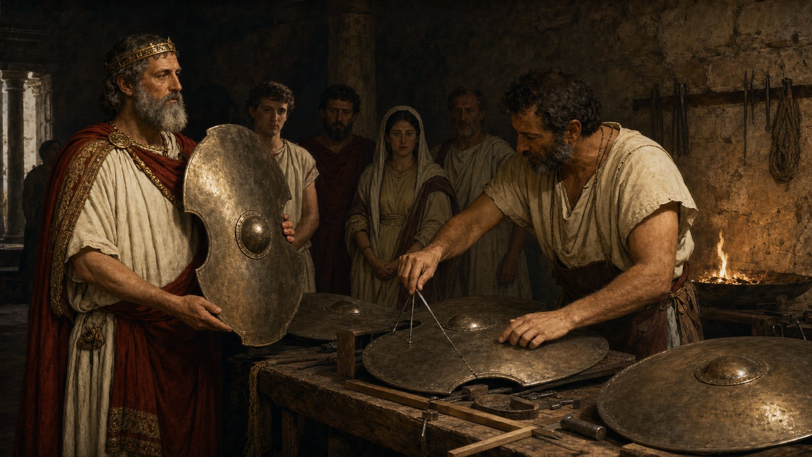 King Numa and craftsmen examine a strange bronze shield with deep curved side indentations in an early Roman sanctuary courtyard as Mamurius studies its shape and tools, no text, lightning spectacle, or modern symbols.