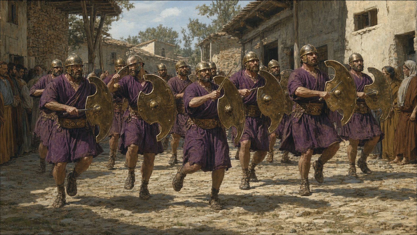 Twelve Salii priests in purple tunics, broad bronze belts and bronze helmets carry matching curved shields through an early Roman street in a vigorous rhythmic procession, no imperial armor, synchronized modern gestures, lettering, or logos.