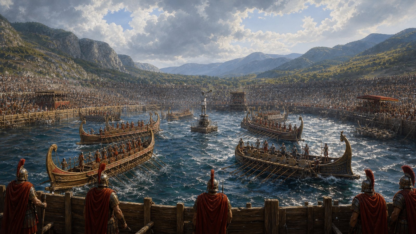 Tacitus says nineteen thousand combatants fought within an arena enclosed by rafts as crowds covered the shores and mountain slopes.