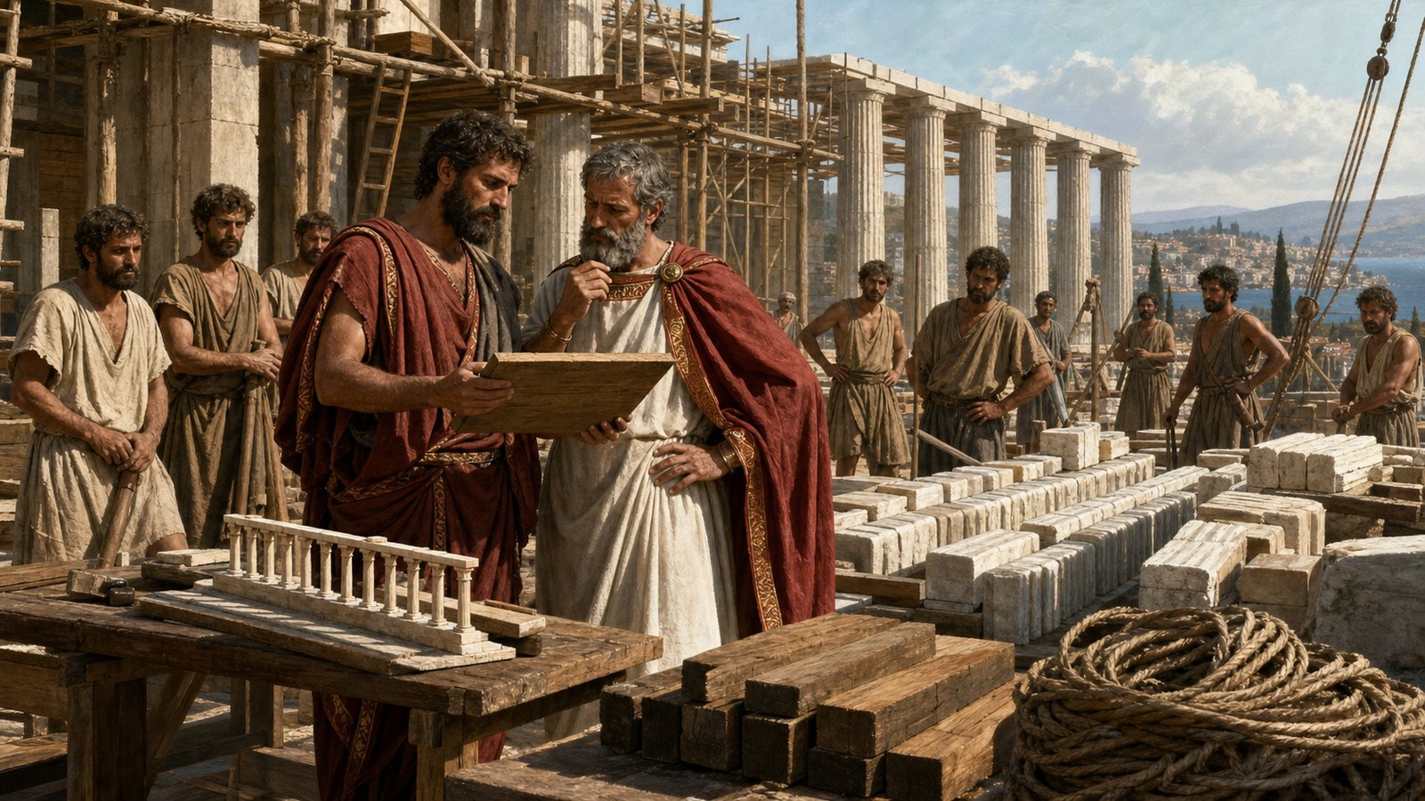 In a civic magistrate’s hall in ancient Ephesus, a fictional Greek architect lays an unmarked wooden estimate tablet beside a small scale model of a public colonnade while a seated magistrate receives a sealed property token; clerks, timber samples and stone plans suggest contractual scrutiny, historically plausible Hellenistic civic dress and architecture, no readable text, no modern objects, no famous likenesses.