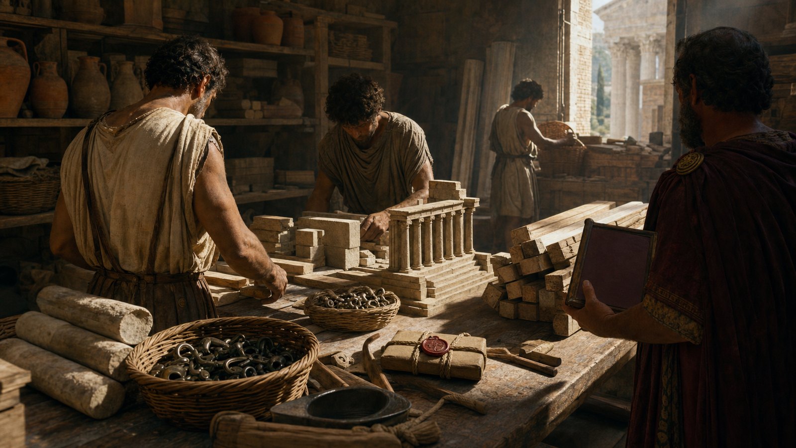 At a partly built ancient Ephesian public colonnade, a fictional architect and magistrate compare an unmarked estimate tablet with neatly counted stone blocks and timber beams while workers pause behind them; visible construction quantities and measured accountability, warm Mediterranean light, historically plausible tools, no readable text, no logos, no modern machinery.