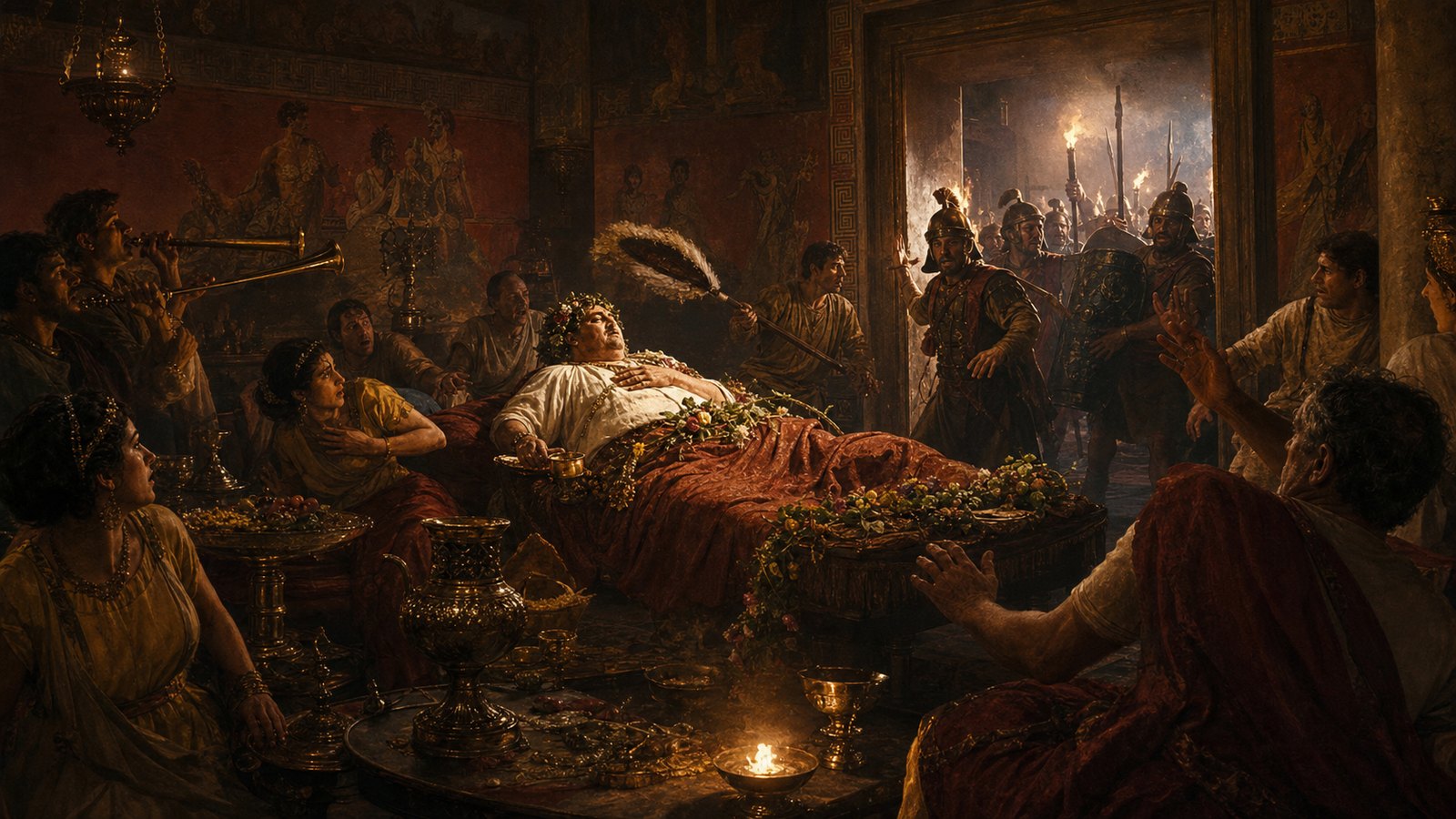 The mock funeral’s horns summon the fire watch, converting Trimalchio’s carefully staged death into real confusion.