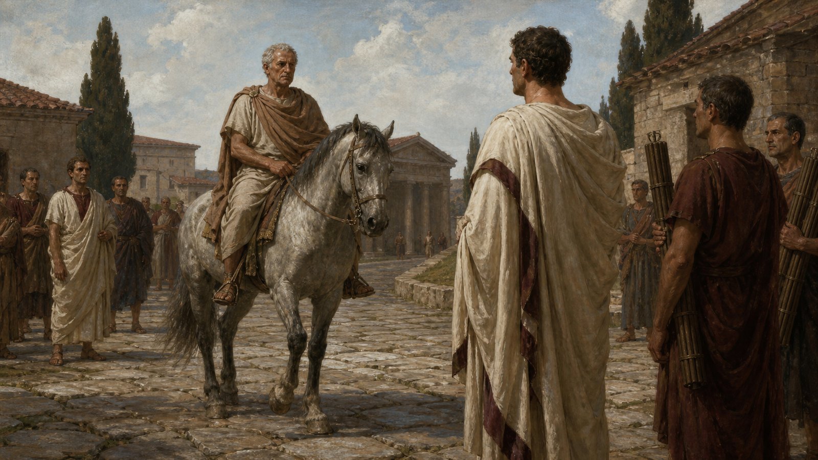 On a Republican road outside a Roman civic center, an older proconsul approaches on horseback while his adult son stands as consul with generic lictors and plain fasces; the attendants hesitate as family affection collides with public protocol.