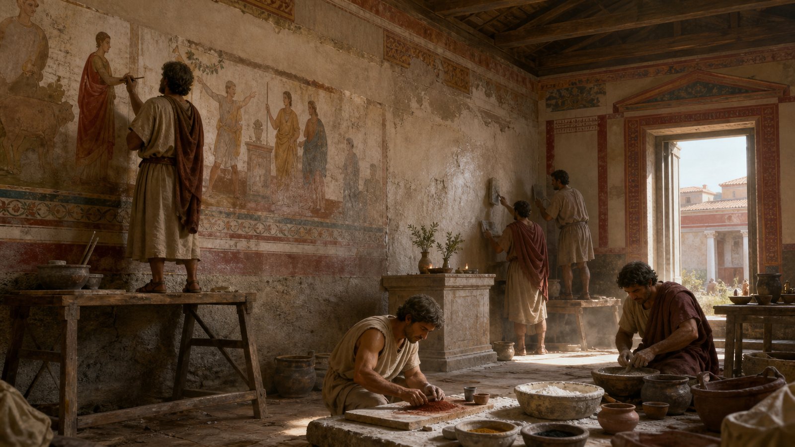 Fresco depended on prepared plaster, ground mineral pigments and timed work from scaffolding.