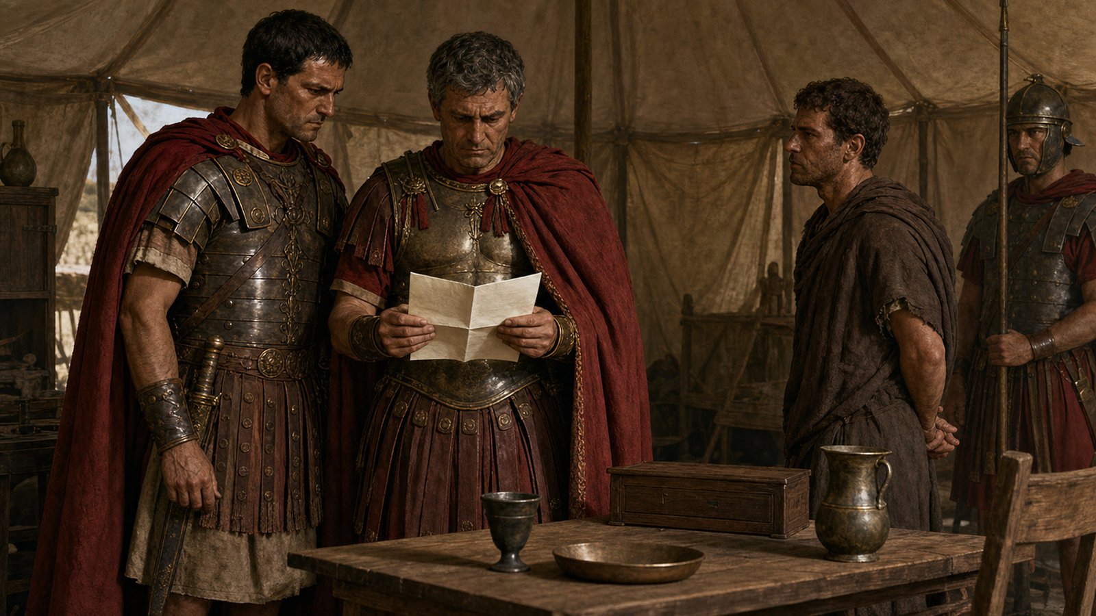 Inside a plain Roman command tent, two consuls in historically plausible undecorated military dress examine a small unmarked warning letter while a guarded messenger waits; no readable writing, no banners, no logos, restrained daylight.