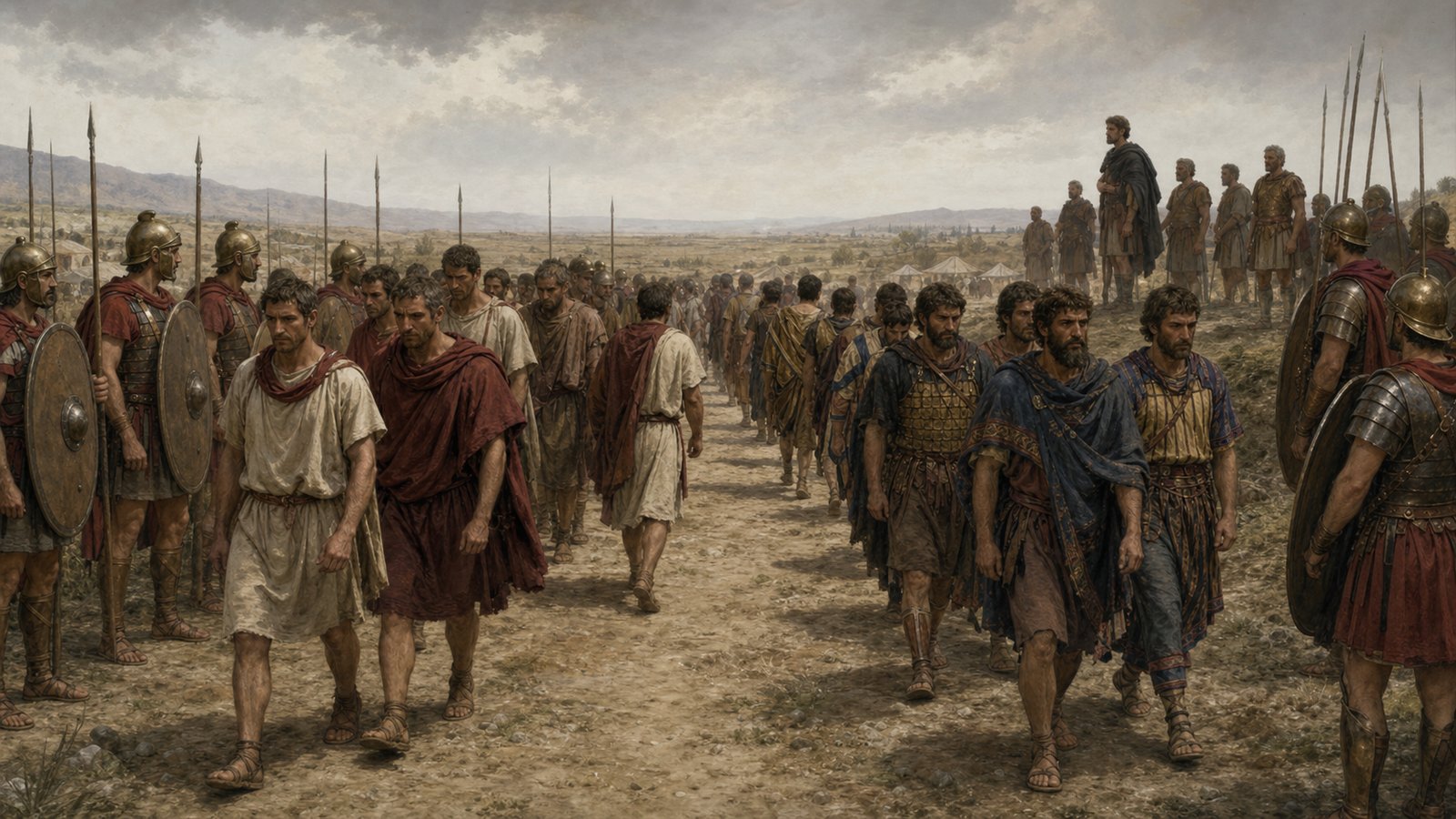 At the edge of two ancient armies, released prisoners walk through a neutral corridor as Roman and Epirote officers observe from opposite sides; generic shields and clothing, no battle, no inscriptions, no famous likenesses.