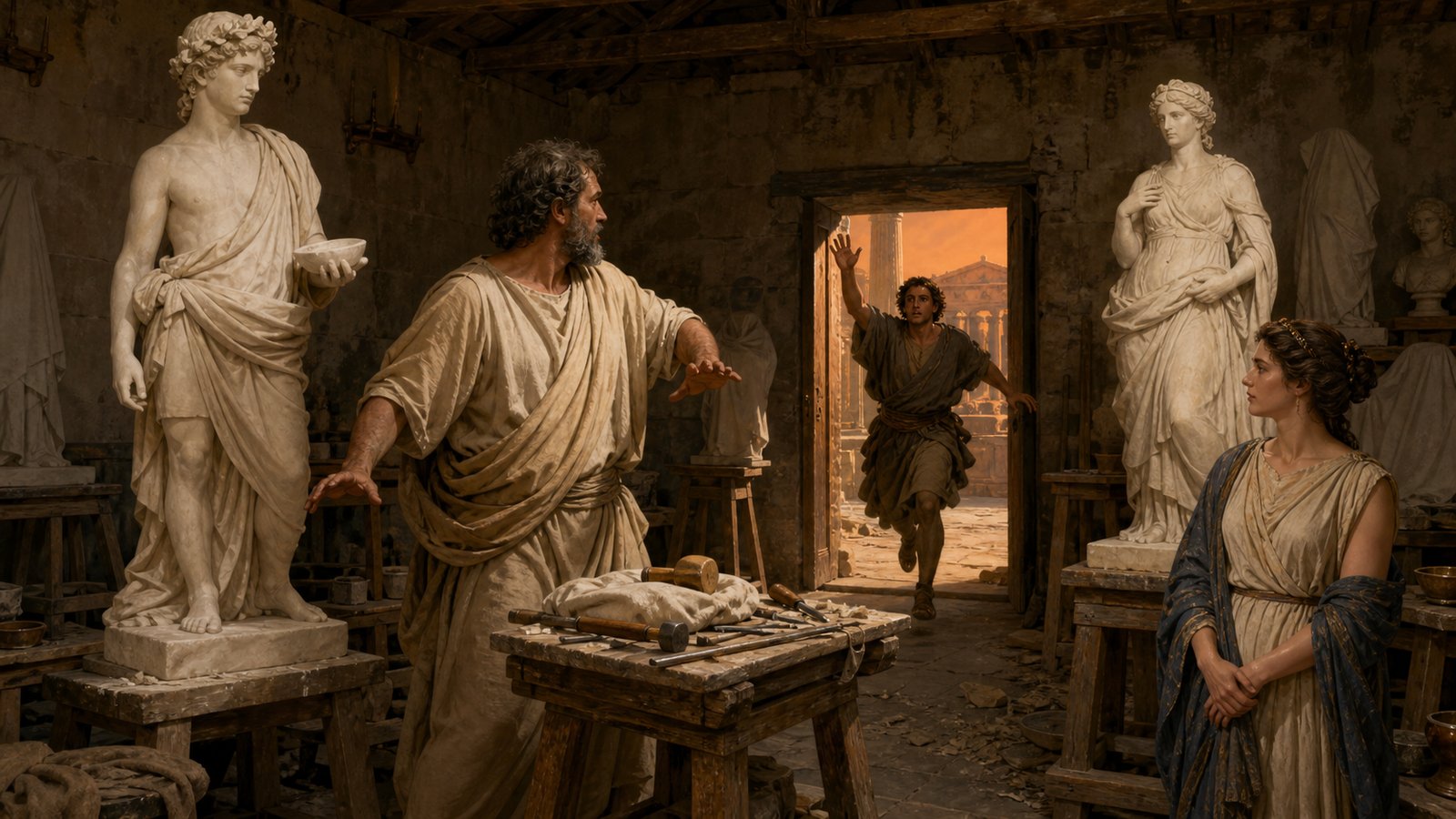 Inside a fourth-century BC Greek sculptor’s workshop, a messenger announces a fire while Praxiteles turns in alarm toward two unfinished marble figures, with Phryne watching his reaction and no flames touching the art.