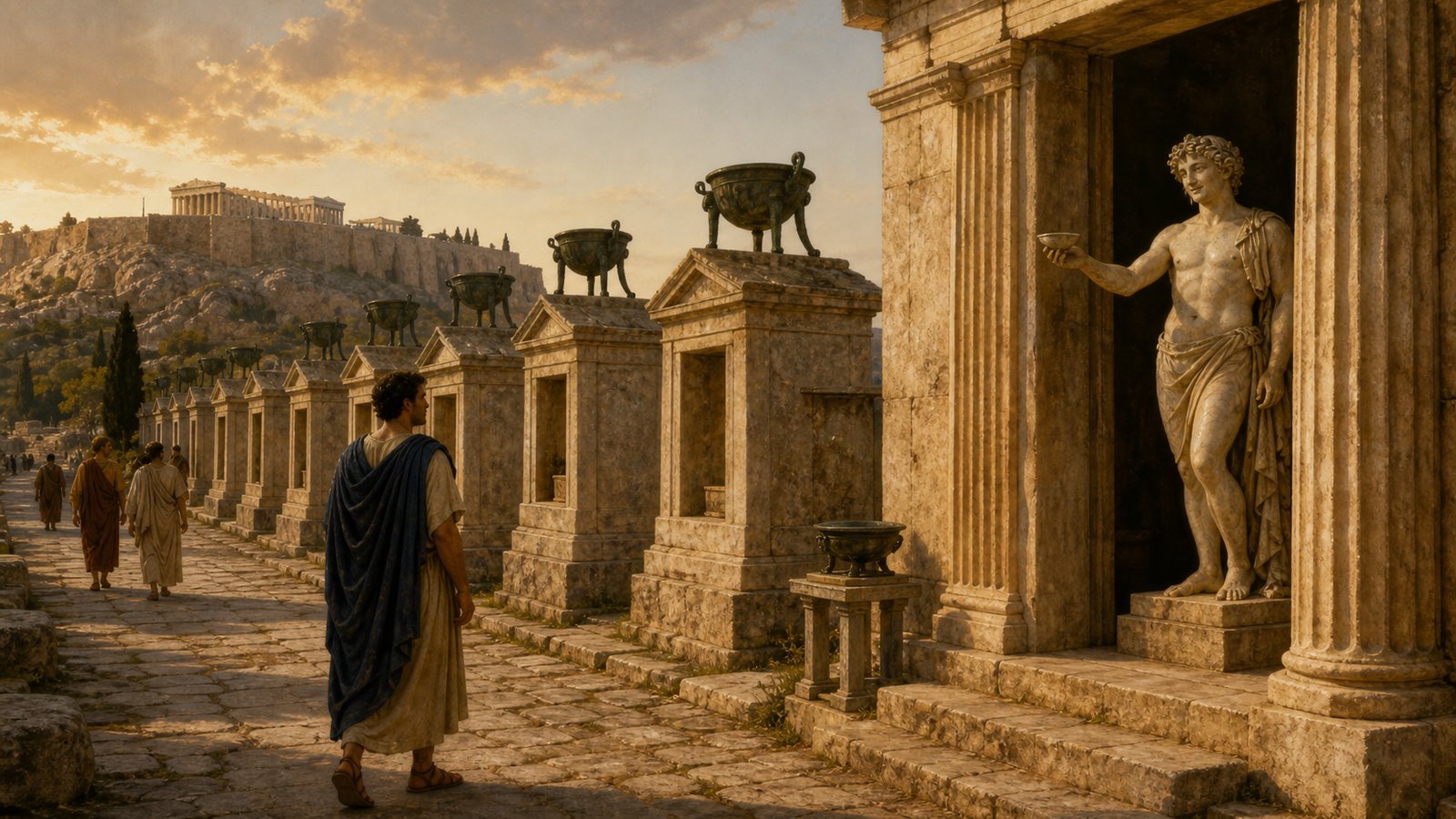 Along Athens’ Road of Tripods, bronze tripod monuments and a temple display frame a celebrated marble satyr holding a plain cup, showing how workshop preference became public memory.