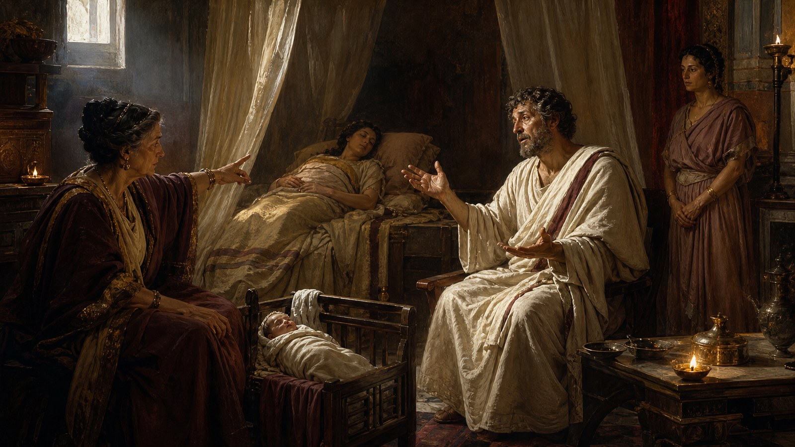 Inside a wealthy but restrained second-century Roman household just after a birth, the philosopher Favorinus, depicted as a fictional non-identifiable bearded scholar in a plain cloak, sits in serious conversation with an older Roman woman beside a wooden cradle holding a safely wrapped newborn; behind a partly drawn curtain the exhausted mother rests asleep, attendants wait quietly with folded linens, historically plausible domestic furniture and oil-lamp light, cinematic realistic oil-painting, compassionate rather than theatrical mood, no exposed breast, no readable text, no inscriptions, no emblems, no watermark, no modern objects.