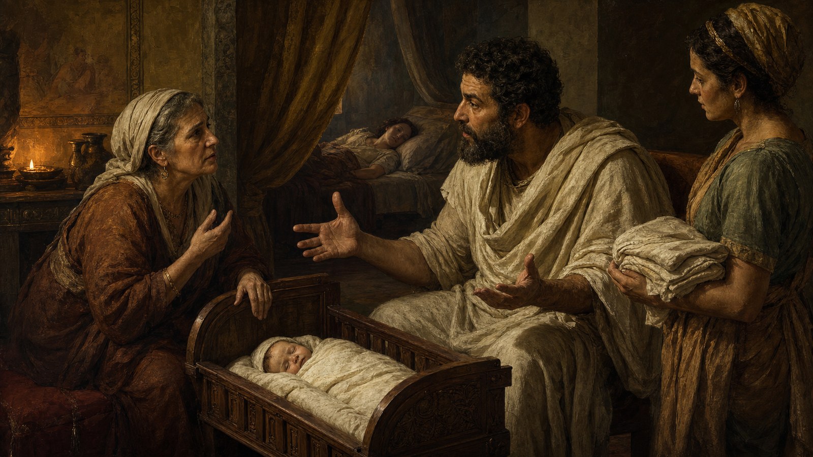 A wide interior scene stages a Roman household decision about newborn care: an older grandmother gestures toward a sleeping postpartum woman behind a curtain while a fictional philosopher replies at length beside a wrapped infant in a simple cradle; a potential nurse waits respectfully at the edge of the room, showing the unequal distribution of voices without caricature, historically plausible second-century Roman clothing and villa interior, cinematic realistic oil-painting, soft daylight and warm lamp accents, no nudity, no readable text, no logos, no watermark, no modern objects.