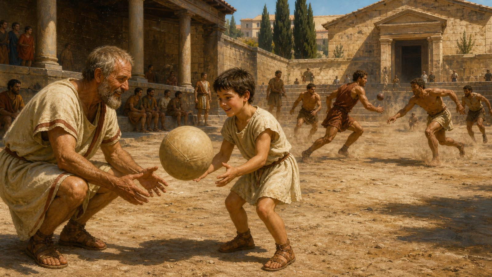 Rapid exchanges in the trigon demanded practiced hands, while the bladder ball was assigned to boys and old men.