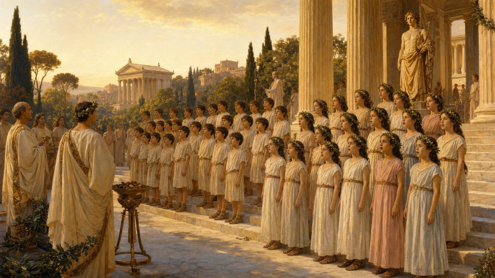 Fifty-four selected Roman youths sing Horace’s commissioned hymn beside the Palatine sanctuary of Apollo.