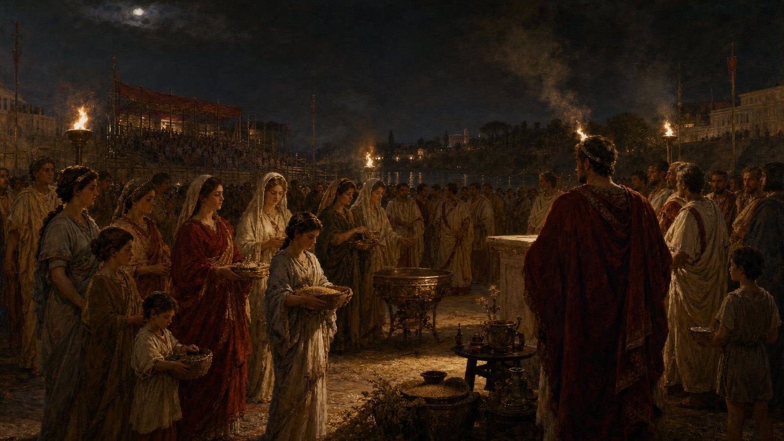 Families bring grain and purification offerings into the torchlit Secular Games precinct on the Campus Martius.