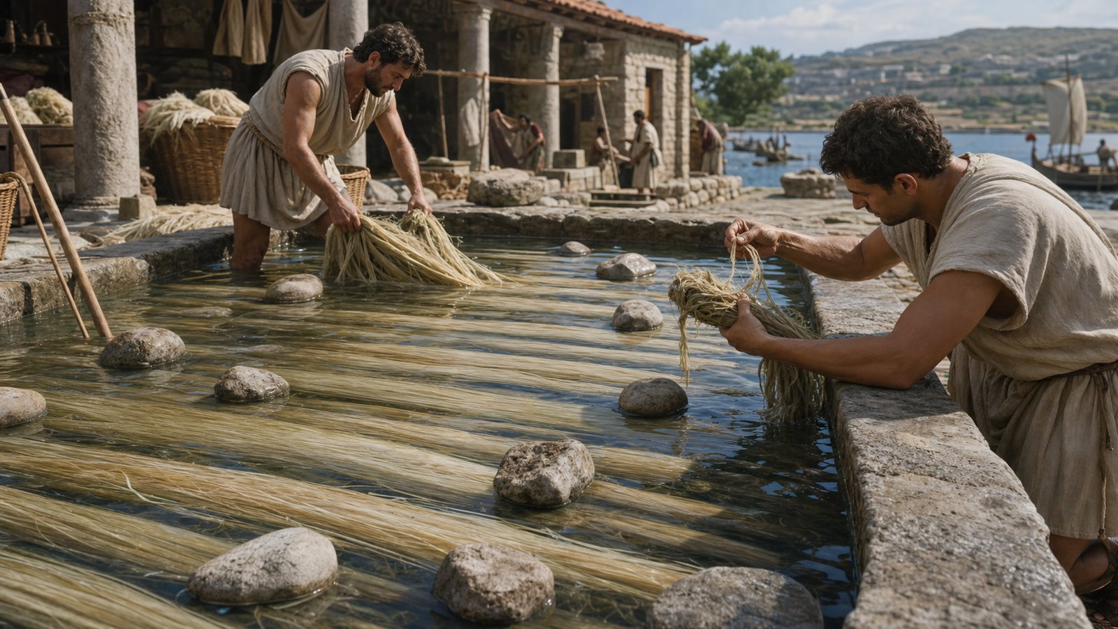 At a Roman-period farm workshop, workers arrange small hand-sized sheaves of yellow flax with roots upward in bright sun while loose seed falls into a plain central cloth; historically plausible tools, no writing or modern machinery.