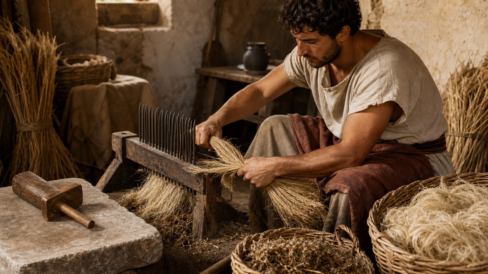 In an ancient Mediterranean textile yard, a craft worker draws dried flax through a fixed row of iron hatchel teeth beside a stone and wooden tow-mallet, with pale fibres separating cleanly from coarse husk; no inscriptions, logos or modern equipment.