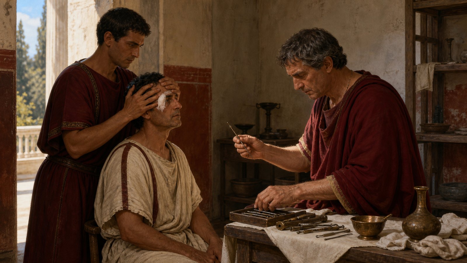 A Roman surgeon and assistant arrange the light, restraint and fine instrument before cataract couching.