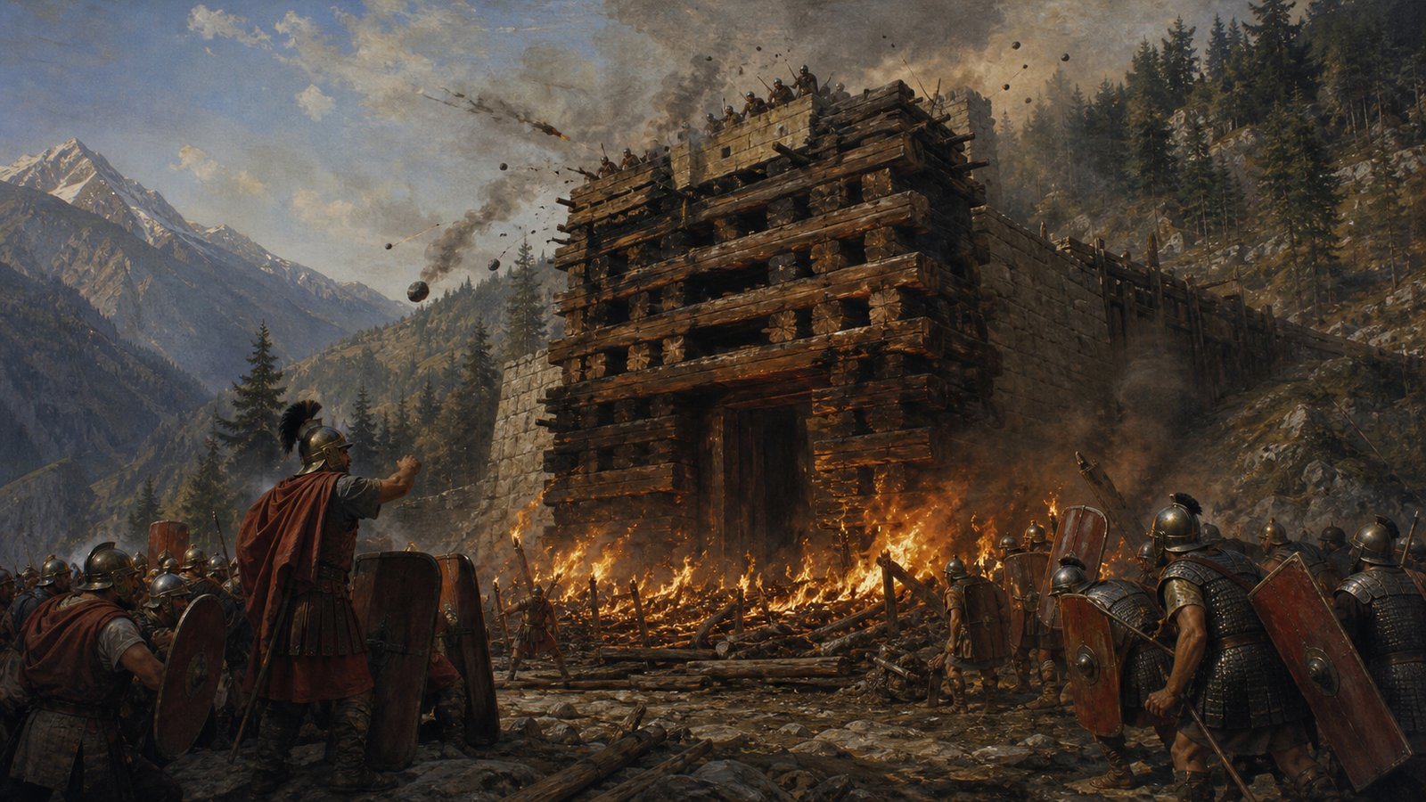 Caesar’s soldiers heap firewood and torches around Larignum’s cross-laid larch tower while defenders stand above the Alpine gate.