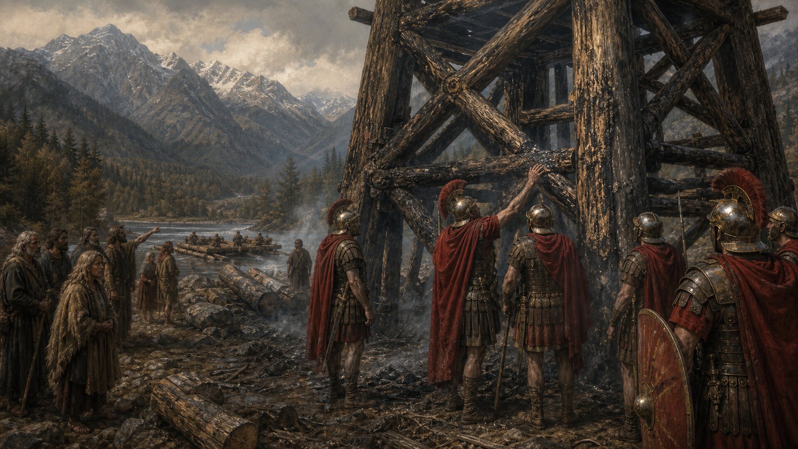 After the flames die, Roman soldiers inspect the darkened but standing larch beams as townspeople point toward the surrounding forest.