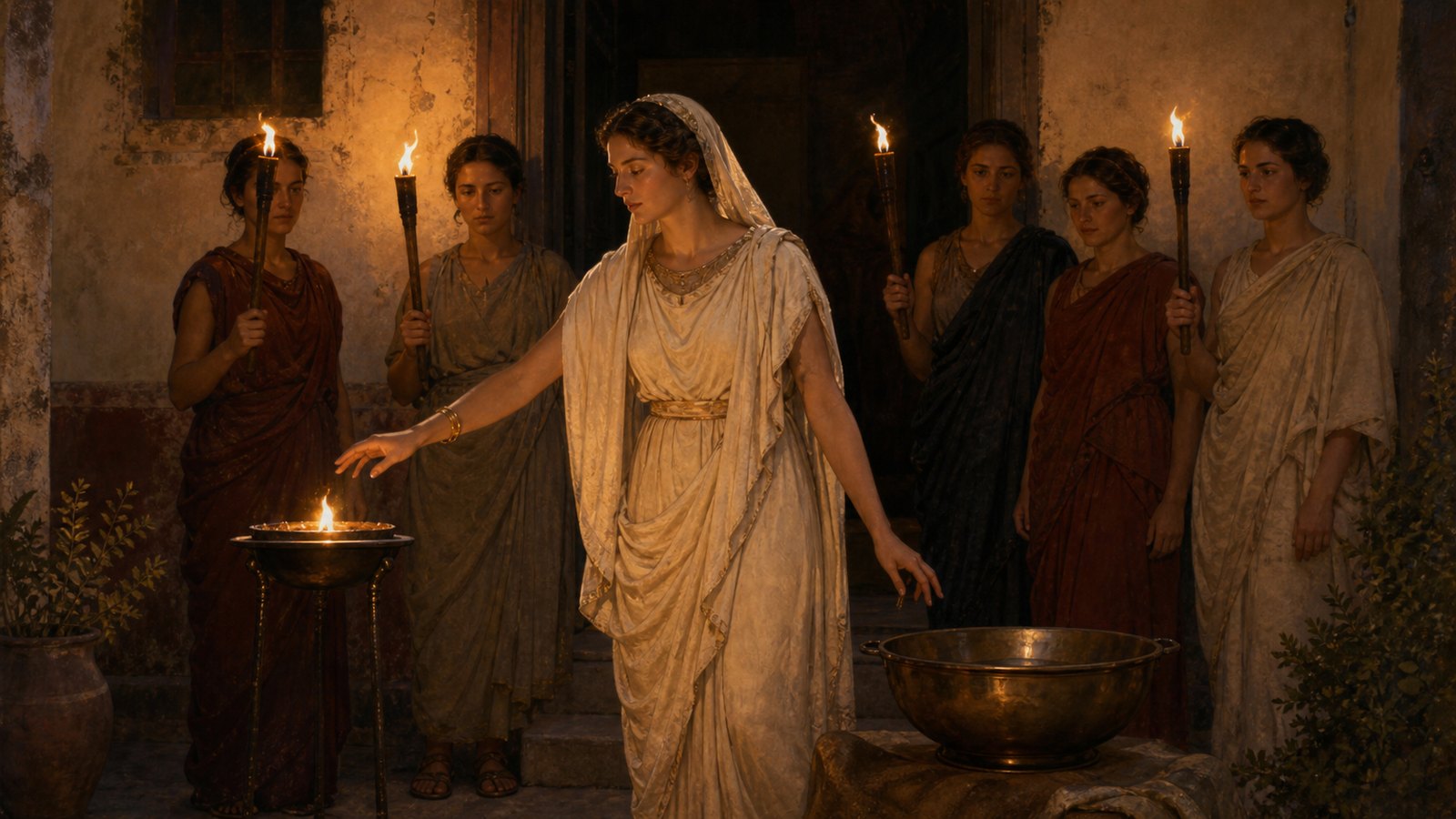 At a Roman household entrance, attendants carry a bride across the stone threshold while fire and a water vessel wait inside, making the boundary crossing visible.
