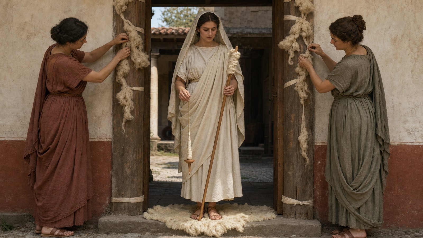 A bride stands on fleece with distaff and spindle as women fasten plain wool around the new household’s door, placing productive domestic work at the center of the entrance rite.