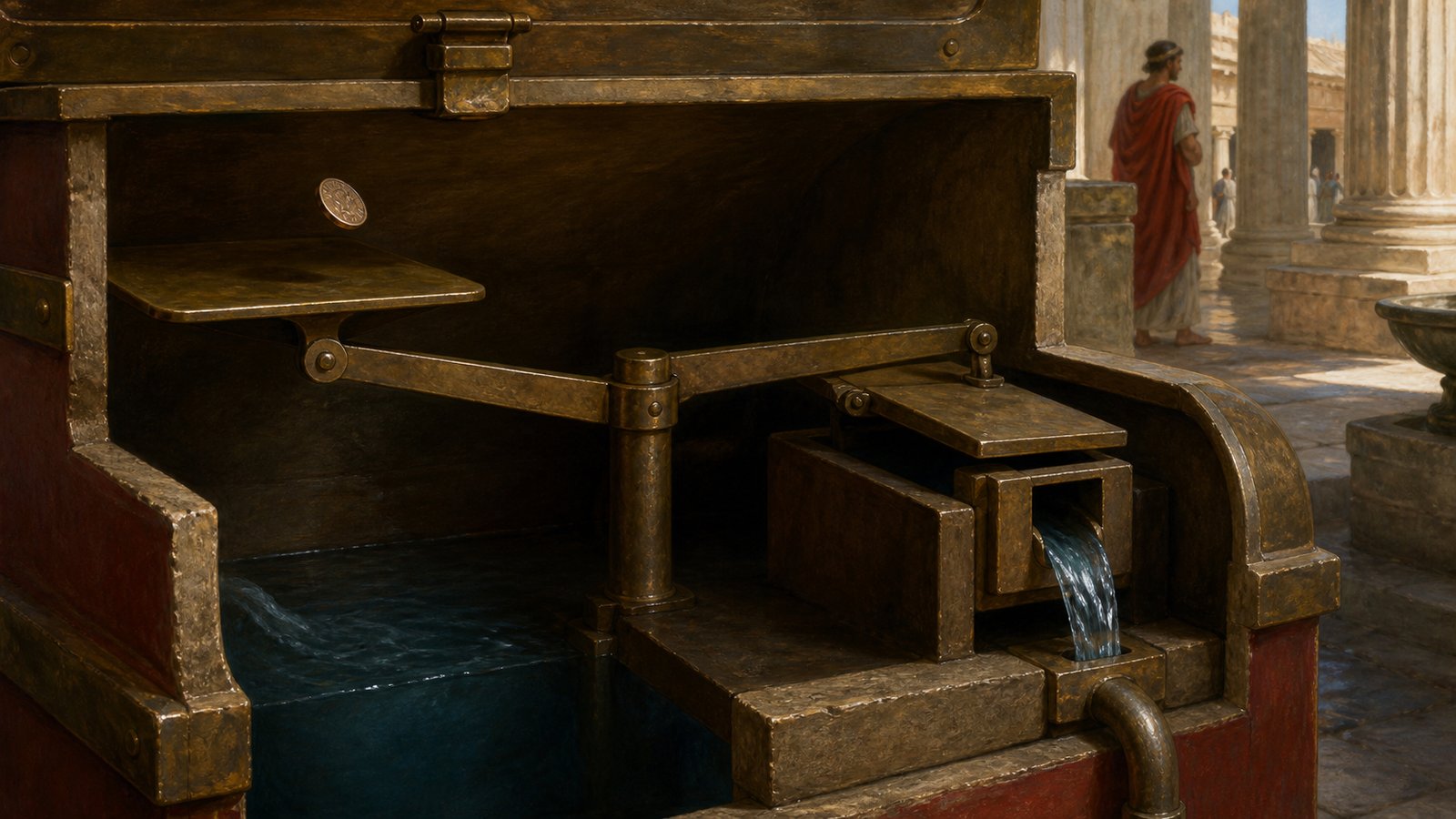 A first-century Alexandrian temple portico with a bronze sacrificial chest, a worshipper dropping one coin into its narrow slot and water beginning to flow.