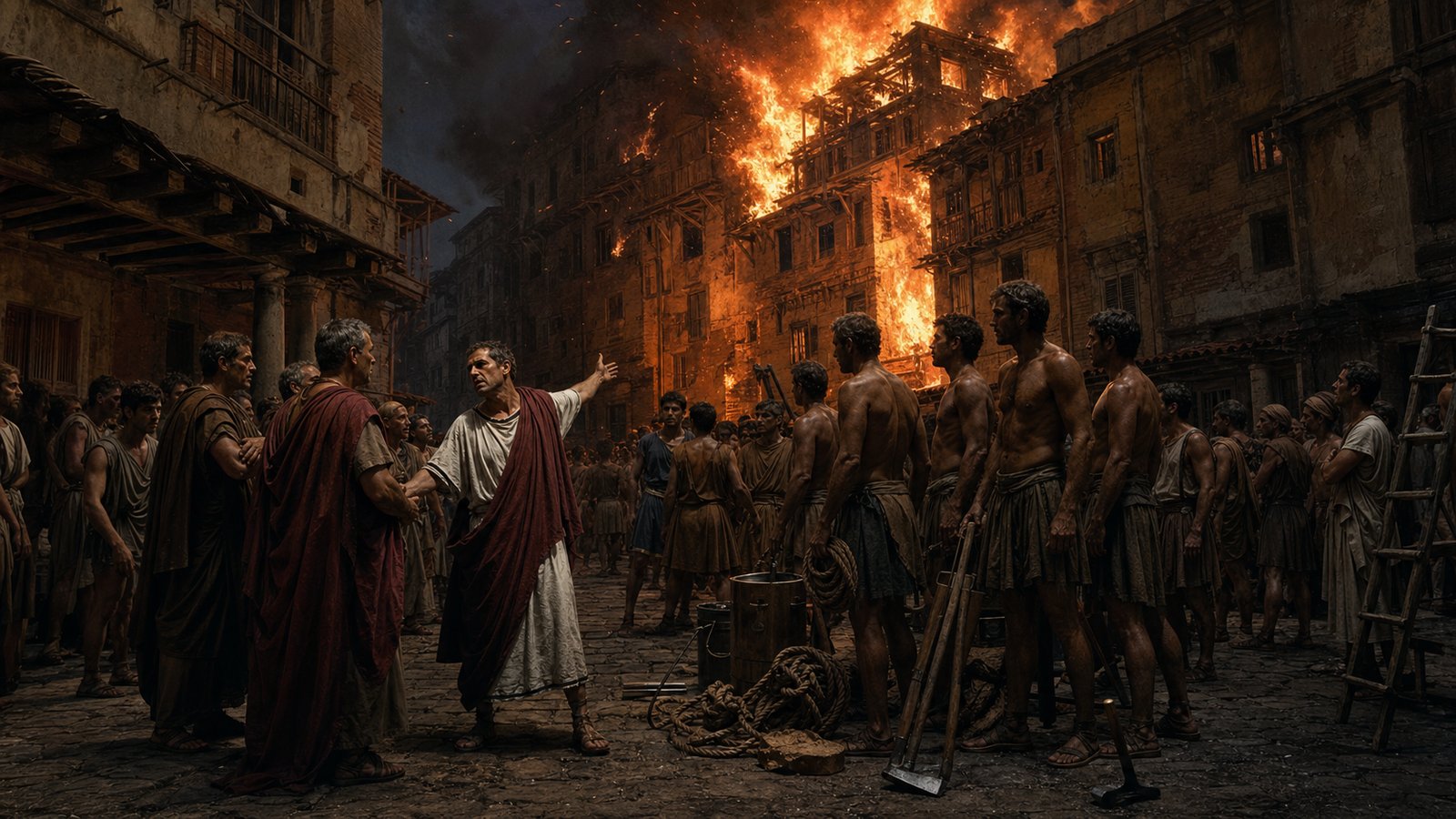 Plutarch says Crassus bought houses already burning and the threatened buildings beside them while owners sold cheaply from fear and uncertainty.