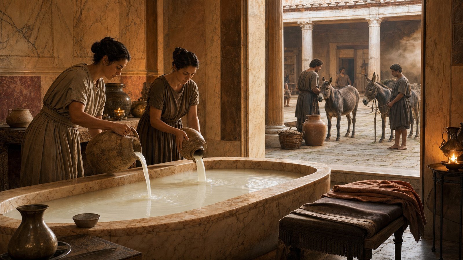 A wealthy first-century Roman travelling household pauses on an Italian road as attendants guide a large herd of generic grey she-asses beside covered wagons, making the scale of Poppaea’s milk supply visible without portraying a recognizable real face.