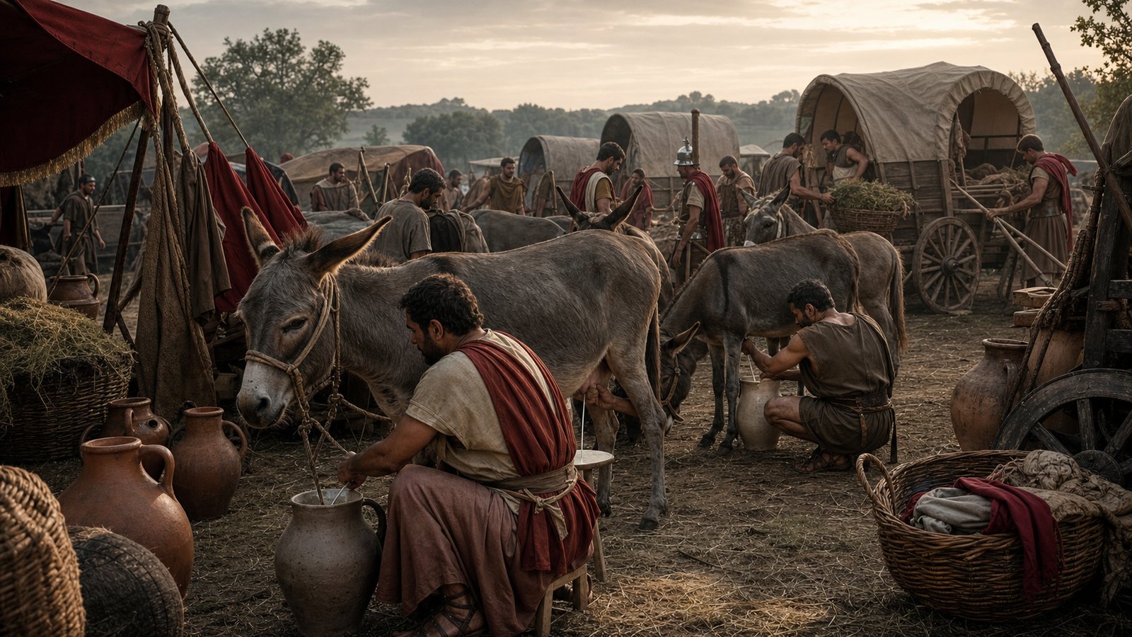 Inside an elite Roman bath suite, attendants pour fresh milk from plain ceramic vessels into a marble bathing basin while animal handlers and she-asses remain visible in a sunlit service courtyard beyond.