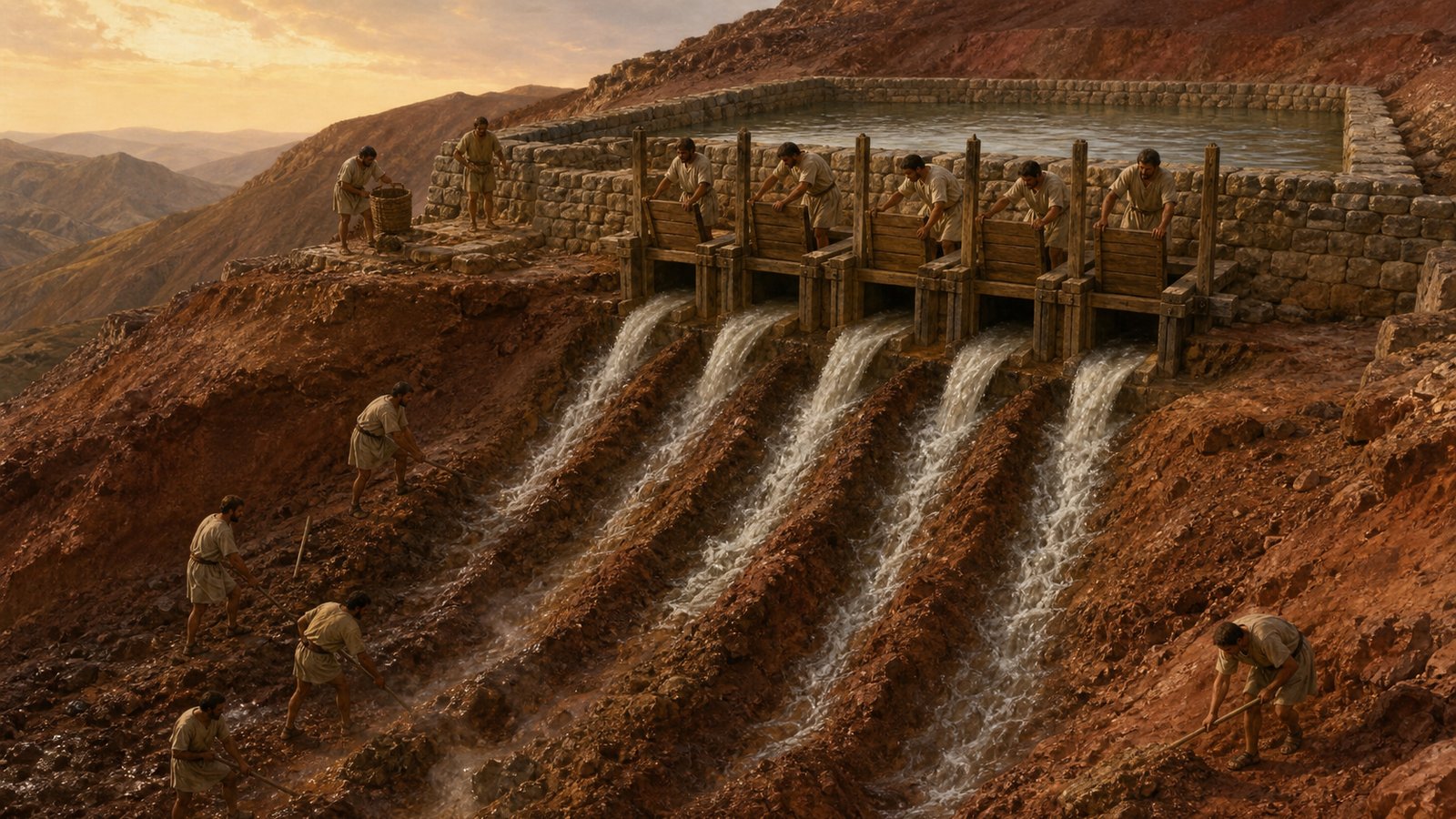 High above a Roman gold-working landscape in northwestern Spain, workers release five square wooden sluice gates from a broad stone-lined reservoir, sending water into a barren channel with no modern machinery.