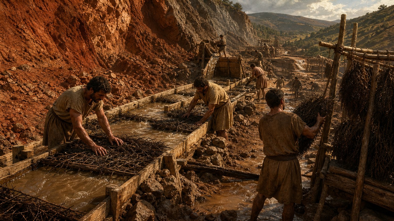 Below a deliberately collapsed red-earth slope, Roman workers guide muddy water through plank-sided trenches layered with rough prickly brush that catches tiny grains of gold.