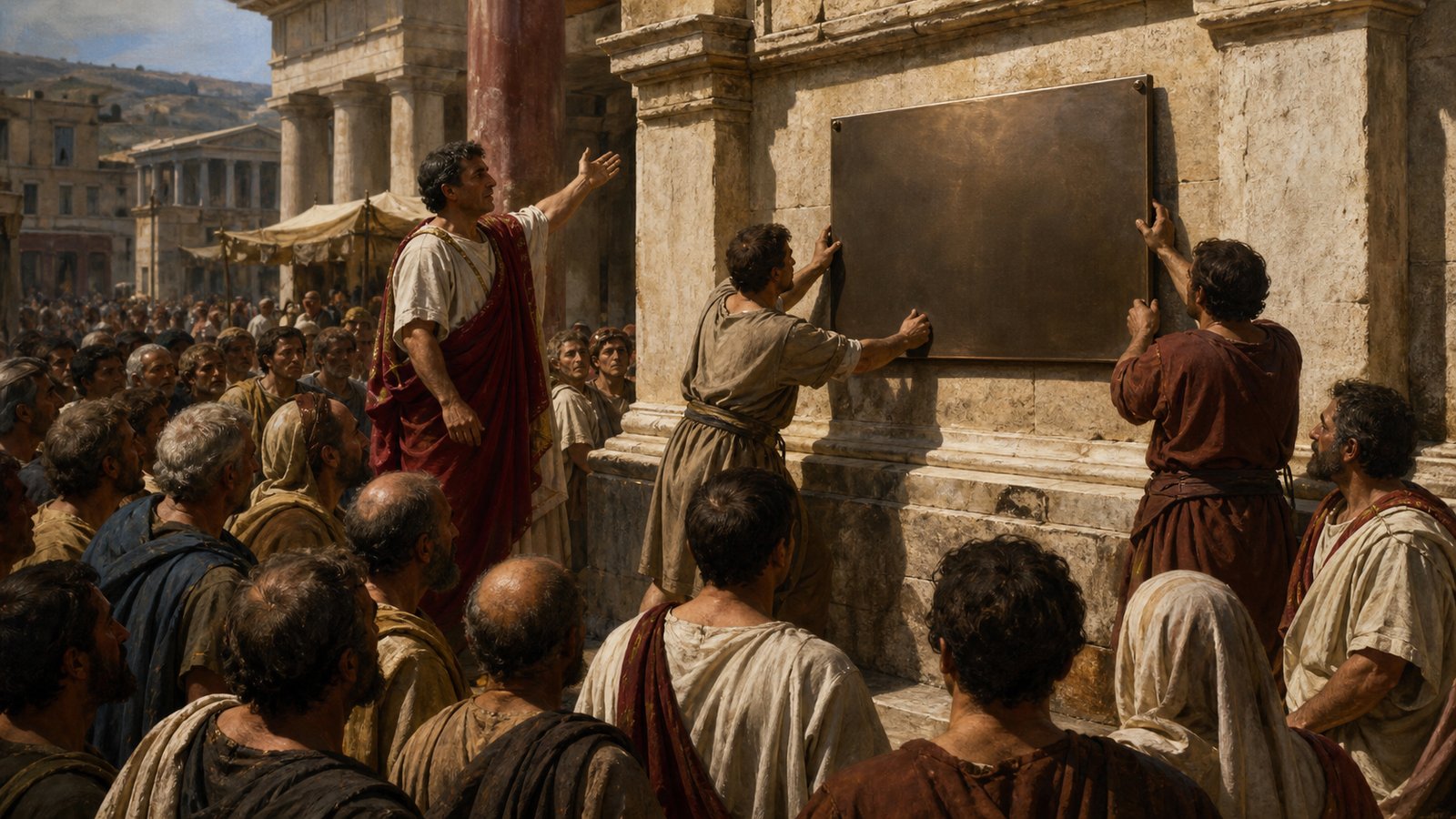 Roman officials in 186 BC present a newly issued bronze decree before a civic assembly, turning a senatorial decision into a public order for allied Italy.
