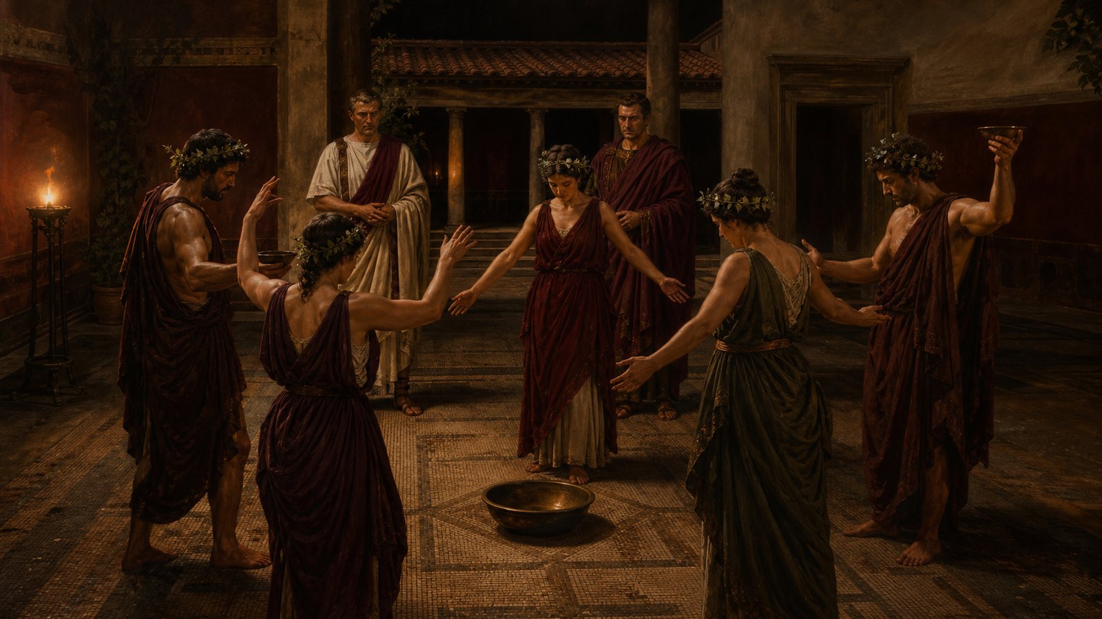 A tiny Bacchic gathering of five people meets under strict Roman supervision, without a priest, treasury or hidden crowd, while magistrates enforce the decree’s limits.