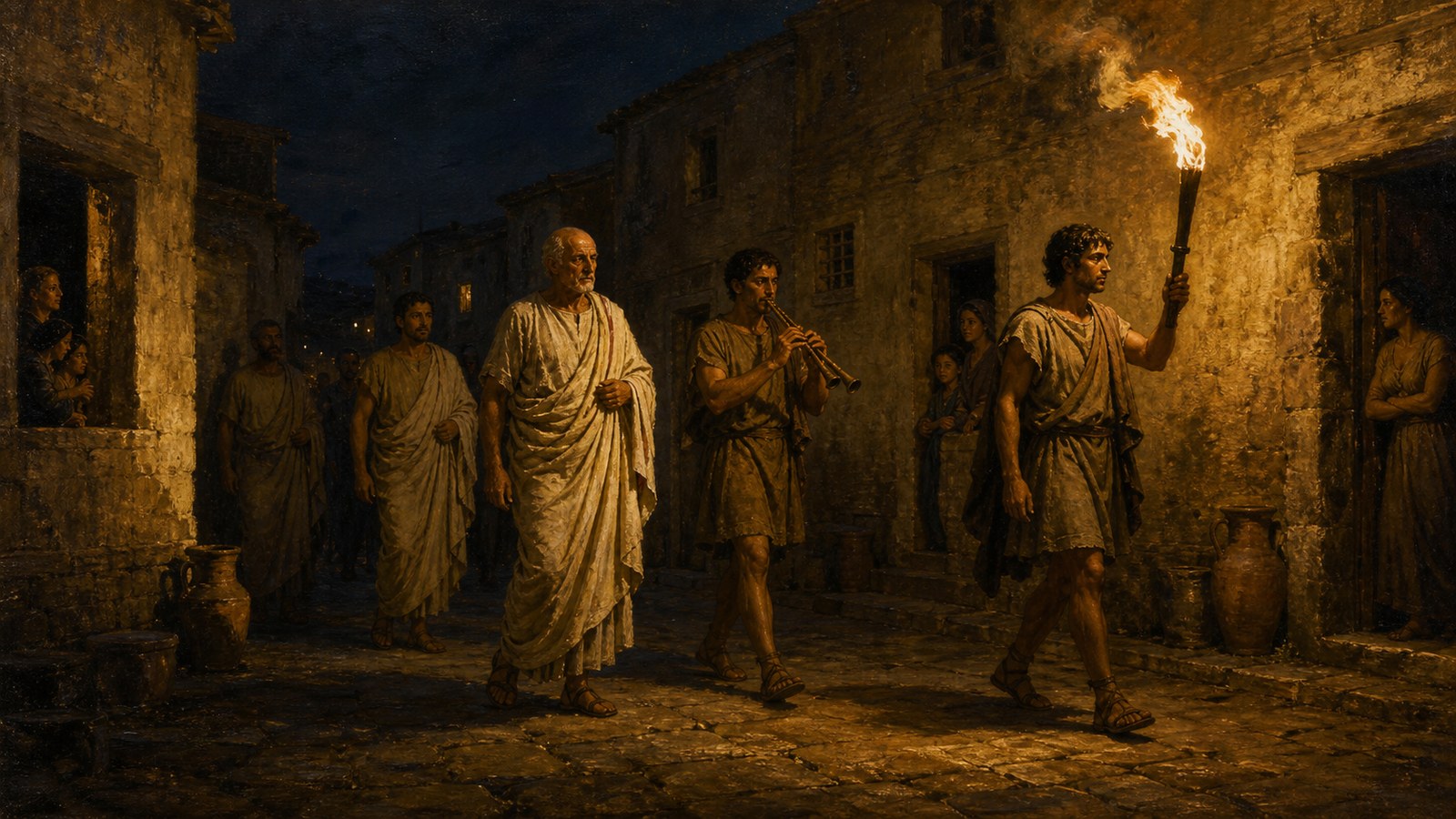 An elderly Gaius Duilius, shown as a fictionalized non-identifiable Roman republican statesman in a plain white toga, walks home through a dark third-century BCE Roman street after a modest banquet; one attendant ahead carries a bright smoking wax torch and another beside him plays a long double-pipe, a few neighbors turn toward the sound from shadowed doorways, historically plausible rough stone and timber streetscape, cinematic realistic oil-painting, warm flame against deep blue night, no readable text, no inscriptions, no emblems, no watermark, no modern objects.