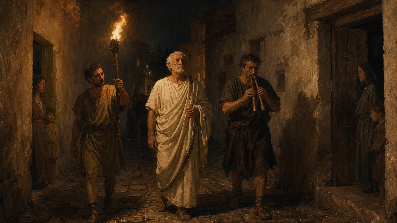 A wide nighttime Roman street scene focuses on the mechanics of public memory: a wax-torch bearer casts moving light across walls while a double-pipe player walks beside an elderly fictional Roman victor returning from dinner, their small escort passing ordinary shop fronts and house doors, distant citizens pause to look, restrained republican clothing, historically plausible third-century BCE Rome, cinematic realistic oil-painting, amber flame and charcoal shadows, no readable text, no signs, no logos, no watermark, no modern objects.