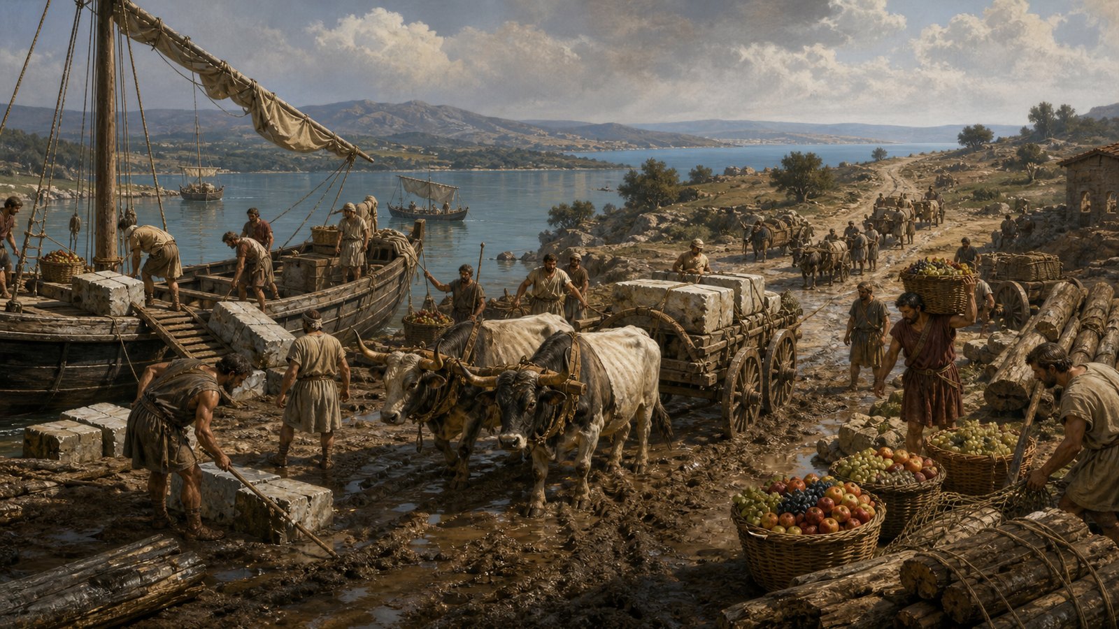 A vertical cinematic historically grounded view near Roman Nicomedia: a broad inland lake crowded with small cargo boats carrying pale marble blocks, baskets of fruit and bundled timber reaches a stone landing, while ox carts struggle up the road toward a distant blue sea beyond a low ridge; a Roman governor and surveyor study the elevation with a plain measuring staff, vivid landscape and human labour, realistic oil-painting, no text, no inscriptions, no watermark, no modern objects.