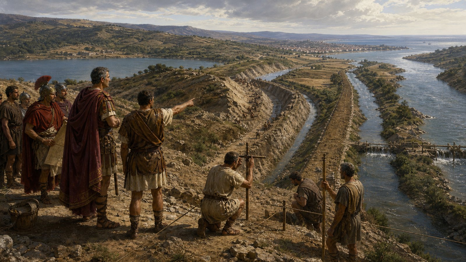 A wide cinematic shoreline transfer scene near Roman Nicomedia: cargo boats unload marble blocks, fruit baskets and timber at the end of a large lake, teams of oxen and labourers reload the same goods onto heavy wooden carts for the costly road haul toward the sea visible in the distance, tactile mud, rope, timber and stone, historically plausible clothing and equipment, realistic oil-painting, no text, no lettering, no watermark.