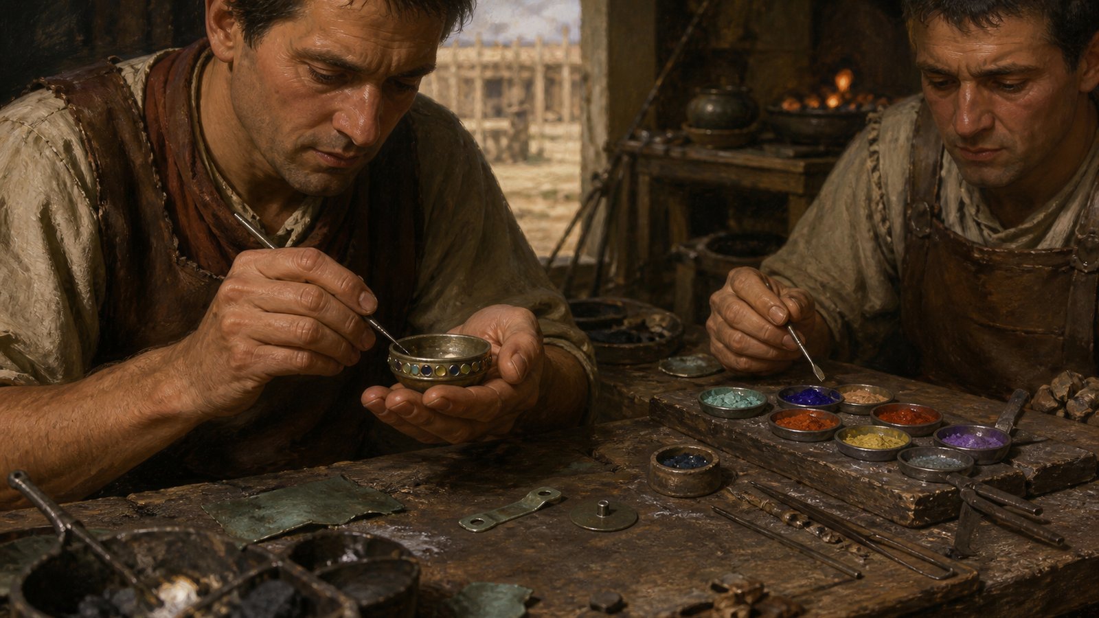 A vertical cinematic archaeological reconstruction in a Roman frontier fort workshop: a craftsperson holds a small shallow copper-alloy pan with eight jewel-like turquoise, dark blue, red, purple and yellow enamel roundels around its outer wall, a narrow engraved rim band present but with no legible letters, Hadrian’s Wall and generic timber-and-stone fort buildings in the distance, historically plausible second-century Britain, no readable text, no logos, no watermark.