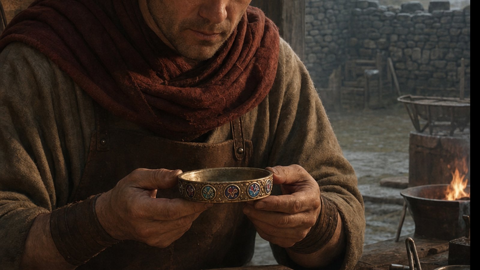 A wide horizontal cinematic close workshop scene showing a small Roman copper-alloy trulla being decorated: an artisan carefully cuts a fine guide line and tiny capital-like marks around the rim while another fills eight swirling roundels with turquoise, blue, red, purple and yellow glass inlay; flat handle and separate base components nearby, wet northern light, all marks intentionally too small and abstract to read, no pseudo-text, no watermark.