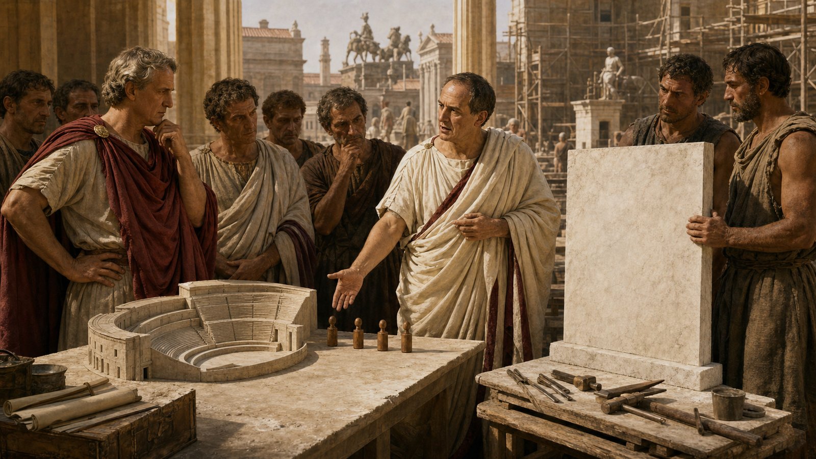 Pompey and Cicero stand with two Roman stone masons before the rising curved façade of a monumental theatre and temple complex; Pompey gestures toward a broad unfinished inscription panel while Cicero studies a small blank wax tablet, chisels and measuring cords arranged nearby, political tension expressed through posture rather than text, historically plausible late Republican clothing and stonework, no readable letters, inscriptions, pseudo-text, emblems, standards, or modern objects.