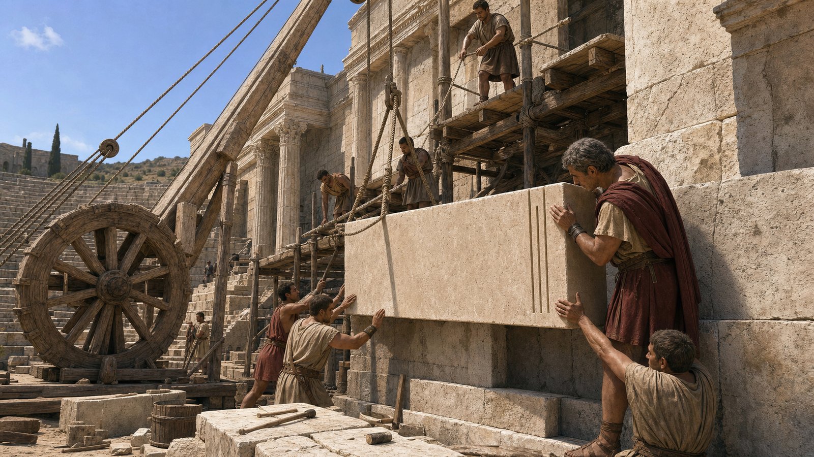 A later Roman restoration of a grand stone theatre stage wall: scaffolded masons fit a fresh rectangular inscription block into weathered architecture while a master builder checks three simple vertical incised tally strokes at one edge, the rest of the stone surface completely blank, cranes and hand tools historically plausible, no words, letters, numerals, pseudo-writing, modern machinery, or decorative seals.