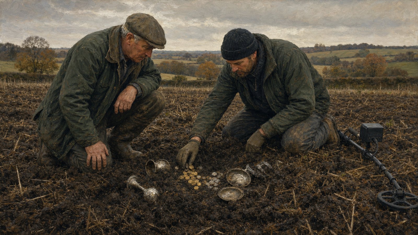 Eric Lawes and Peter Whatling stop their search after Roman silver and gold appear in a Suffolk field.