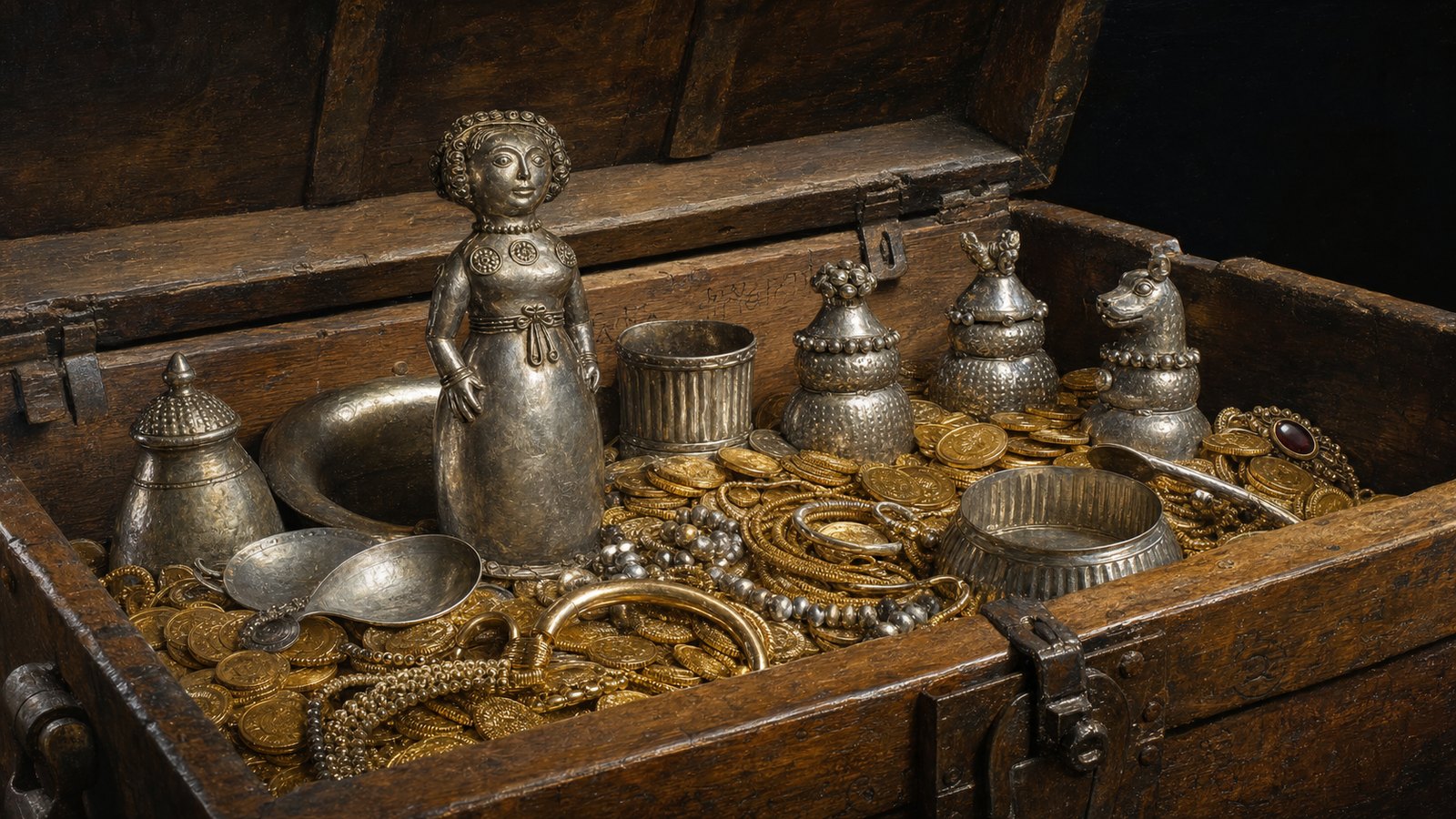 The organized chest combined thousands of coins, jewellery, tableware and four silver pepper pots.