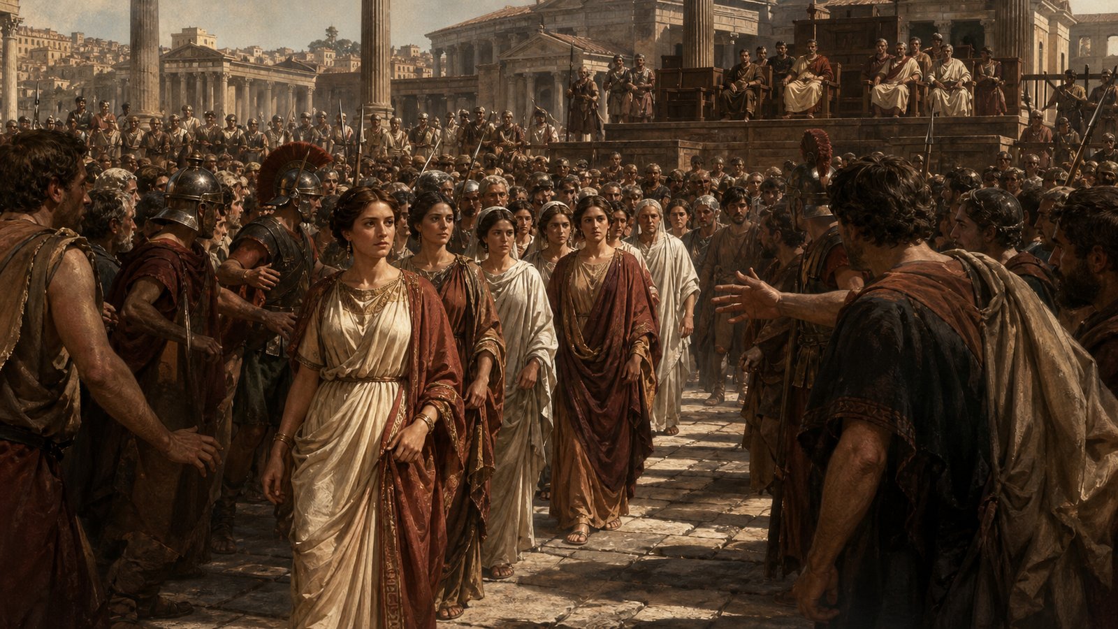In the Forum of 42 BCE, Hortensia addressed the triumvirs after wealthy Roman women were ordered to declare their property.