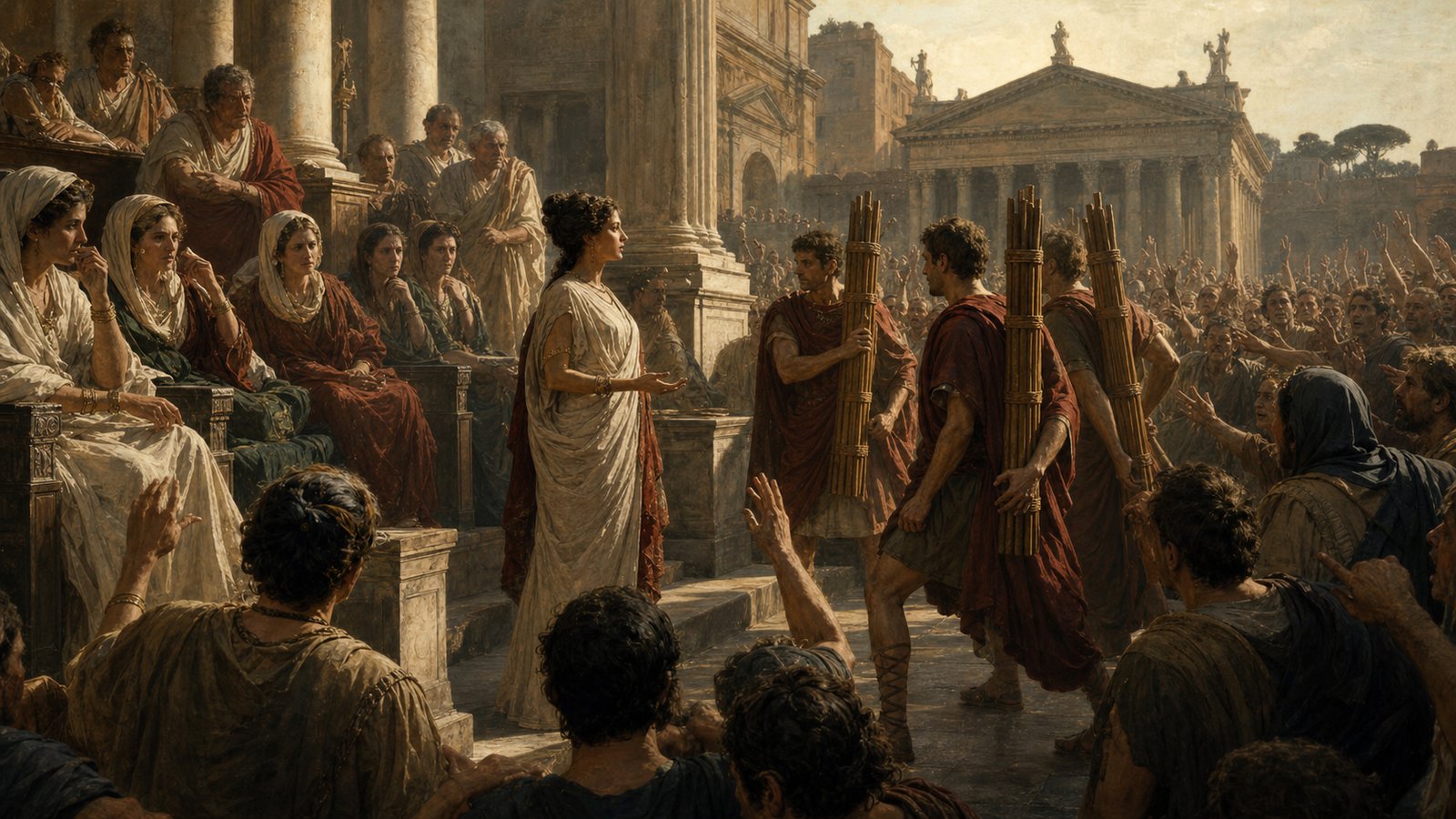 Lictors moved to clear the tribunal but stopped when cries rose from the surrounding crowd.