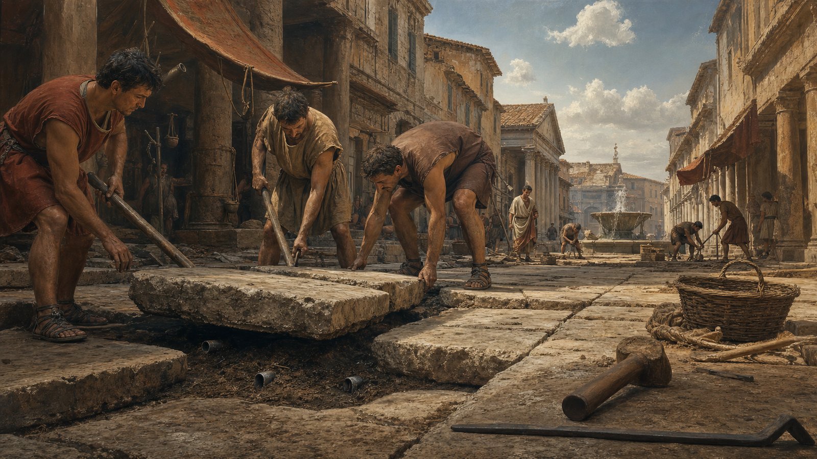 Frontinus and Roman survey assistants inspect a public reservoir outlet, comparing a small stamped bronze fitting with an illegally oversized lead pipe while workers hold plain measuring rods and no writing is visible.