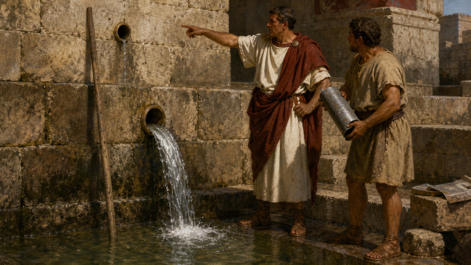 Beneath a busy Roman commercial street, workers expose several concealed lead branches bored from a larger water pipe toward workshops, with public fountain flow reduced in the background above.