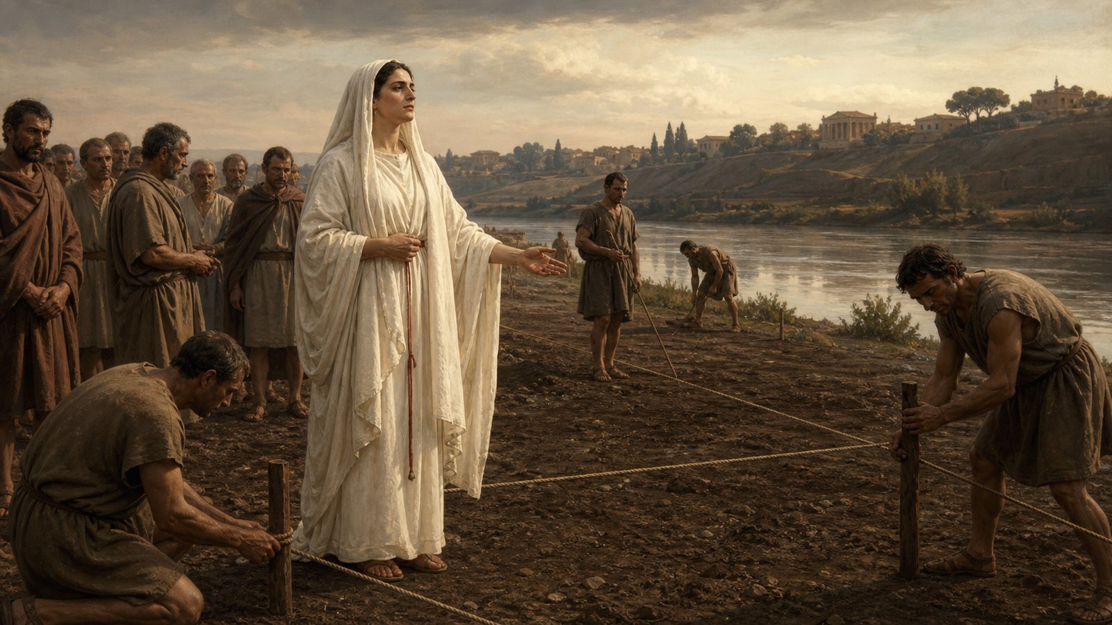 Gaia Taracia, in the white wool and veiled dress of a Vestal, stands beside the Tiber as surveyors mark the broad riverside ground she is presenting to the Roman people; citizens and magistrates witness the transfer without written signs.